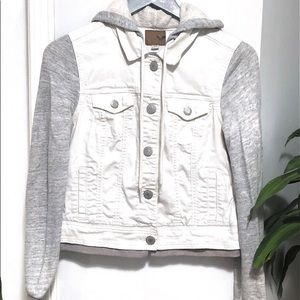 American Eagle, White & Grey Hooded Bomber Denim Jacket